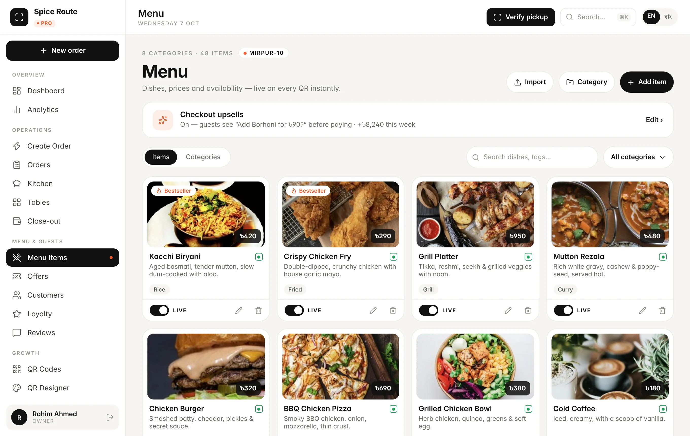 Menu management — photo dishes with Live toggles and checkout upsells